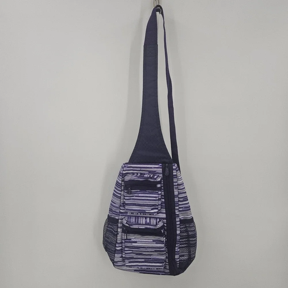 Thirty-One Sling Backpack‎ Bag Purple Stripe Crossbody Zip Pockets Travel